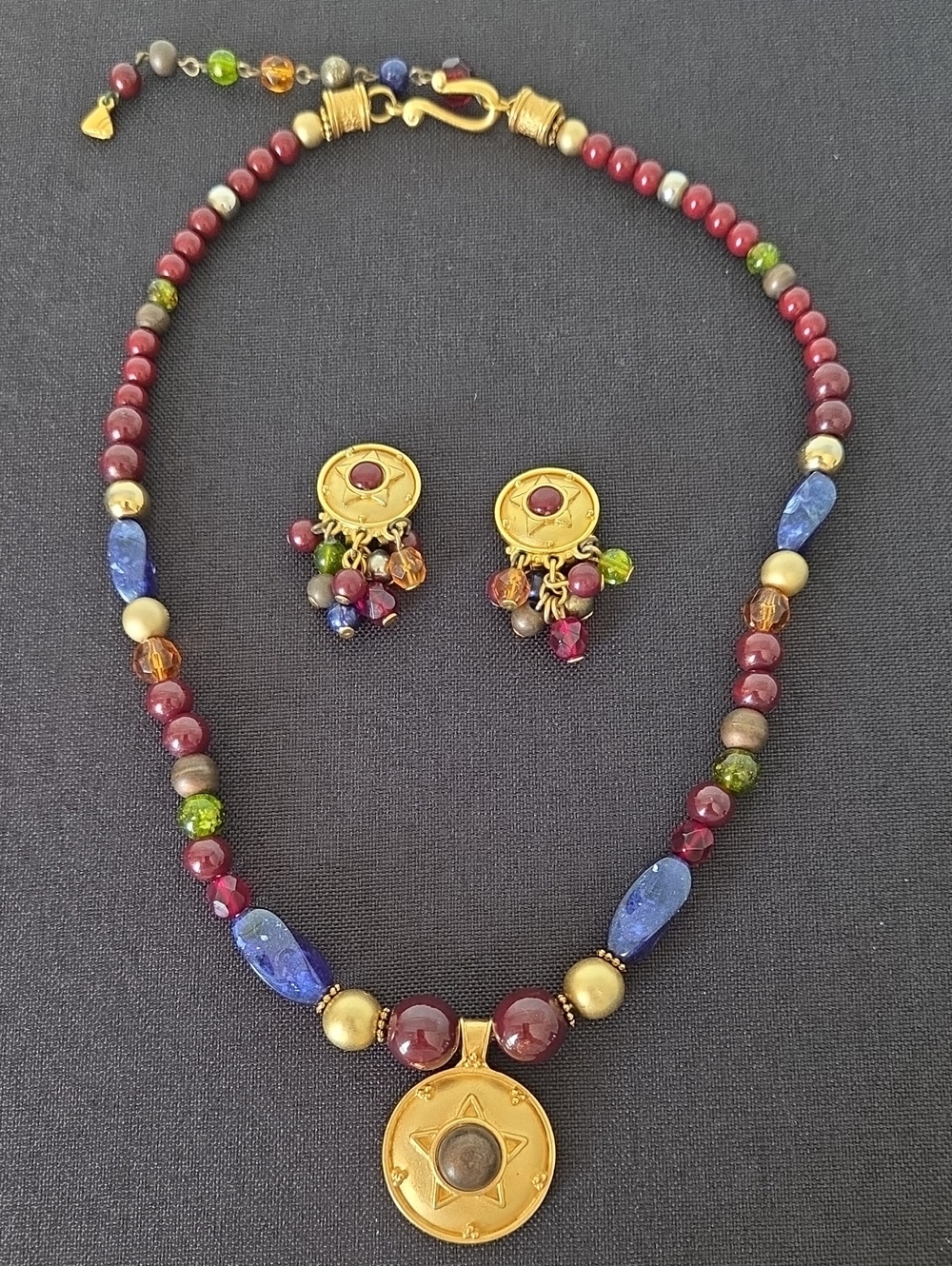 Vintage Liz Claiborne gold-tone and multi-color beaded necklace & earrings